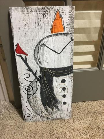 Happy winter Snowman on Wood