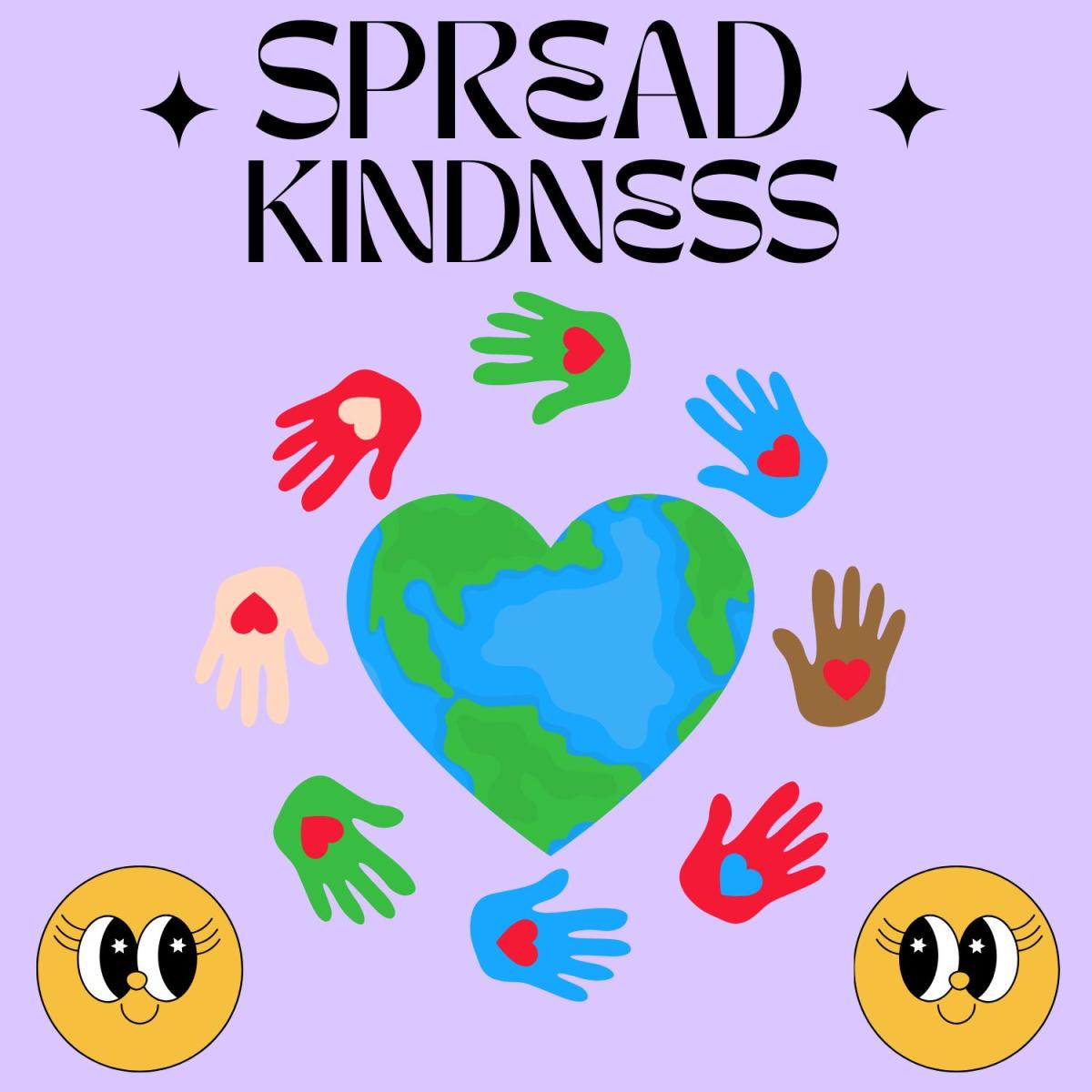 smiley faces with hands surrounding the globe with hearts